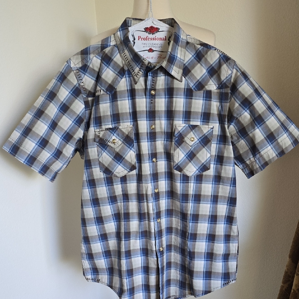 7 Diamonds Blue & Gray Plaid, Short Sleeve Men's Shirt